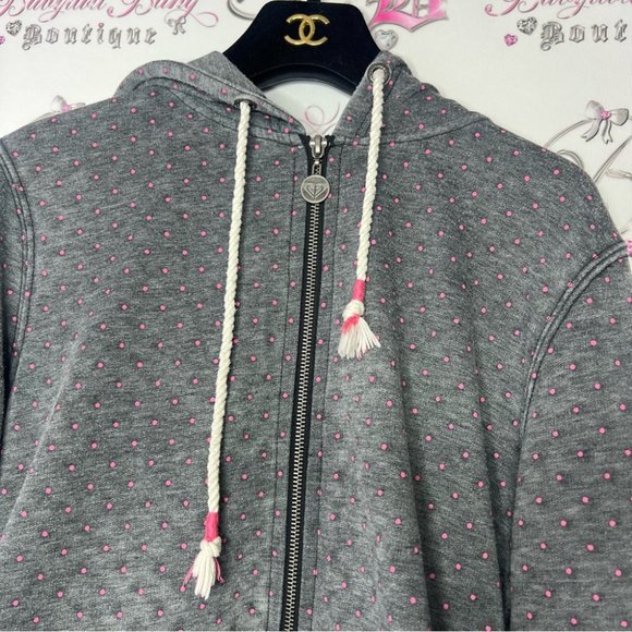 Roxy pink polka dotted grey zip up sweater embroidered logo black distressed y2k - Picture 2 of 10